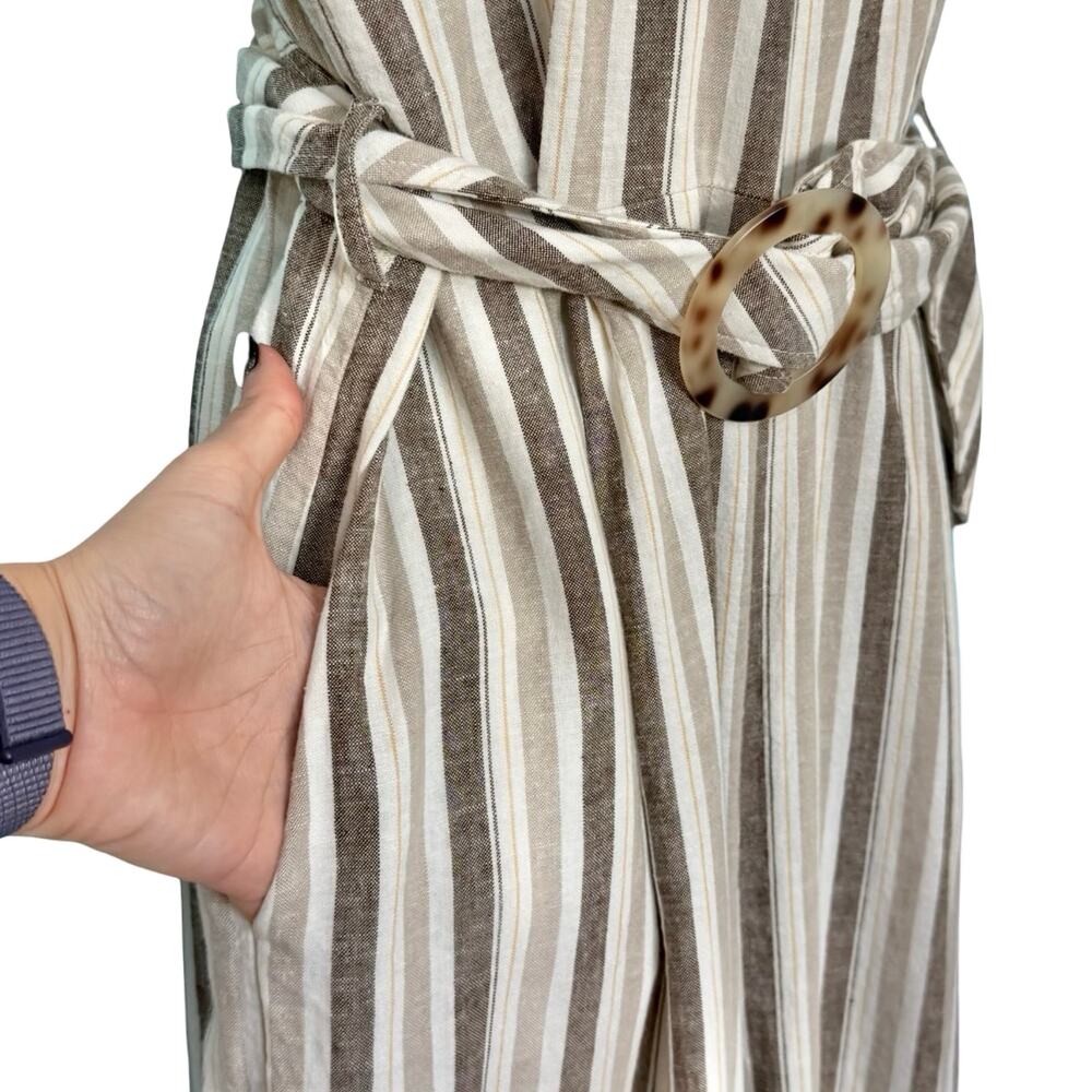 Calvin Klein White Beige Mock Neck Pinstripe Linen Blend Cropped Jumpsuit sz 12 - Picture 15 of 16